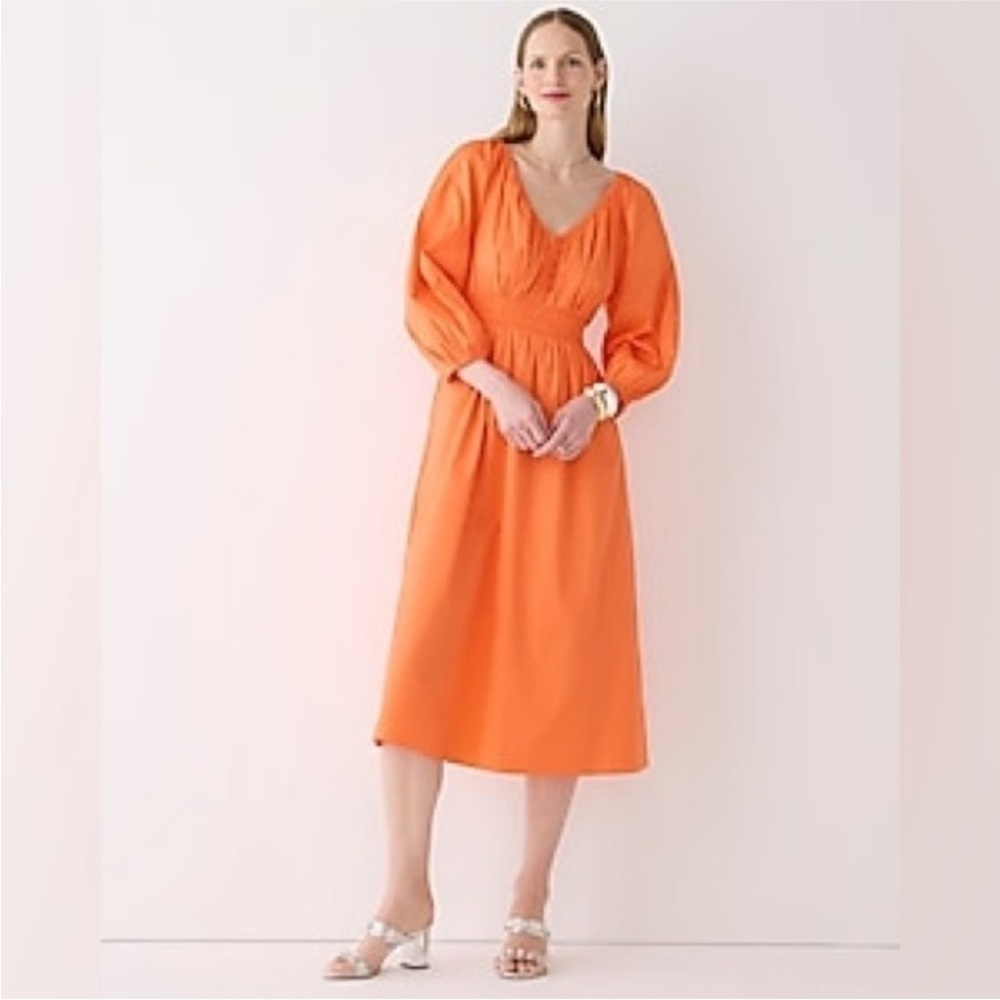 J. Crew V-neck midi‎ dress in cotton poplin smocked orange size XS
